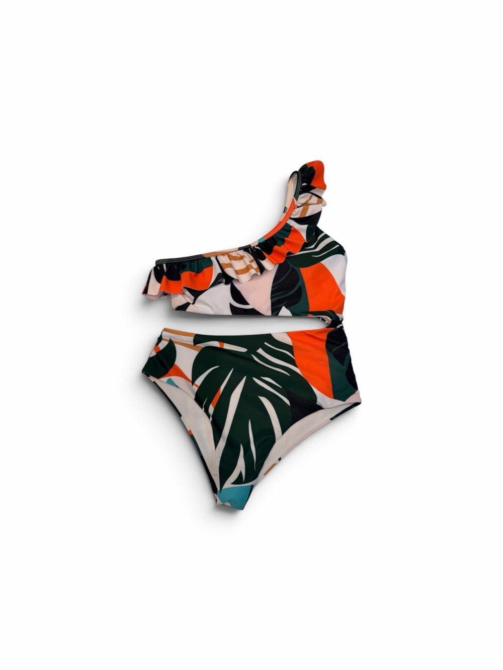 Tropical One-Shoulder High-Waist Bikini - Green & Orange NWOT Small